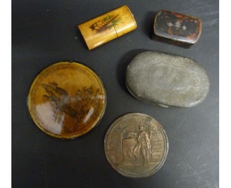 An Early Pewter Large Snuff Box with incised decoration depicting figures upon horseback together with a Maplin ware needle b