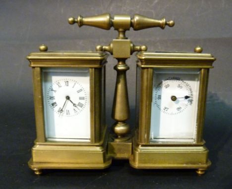 A Brass Cased Miniature Carriage Clock Barometer with enamel dials and carrying handle