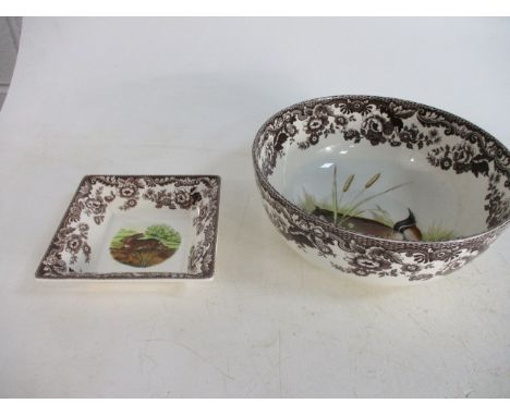 Spode "Woodland" Lapwing salad serving bowl, 10" diameter, along with rabbit detailed dish. 