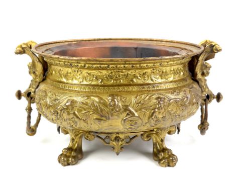 Ornate cast and pressed brass oval wine cooler / planter on lion paw feet W53cm D35.5cm H28cm