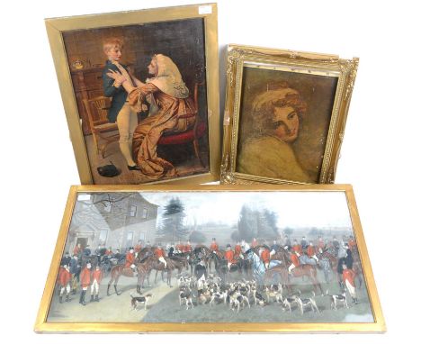 After Dickinsons (British, nineteenth century), hunting meet in the grounds of a country house. Print in colours. Framed and 