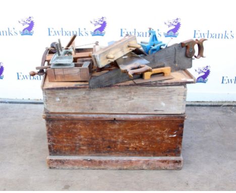 Collection of woodworking tools, including planes, squares, saws, chisels and others, some possibly 19th century