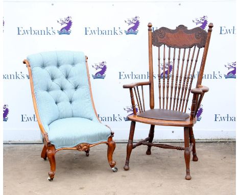 Victorian walnut nursing chair, the button back with scroll ends on mouded cabriole legs and later castors, and an American o