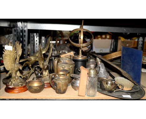Three piece silver plated tea service, a pair of metal eagle figures, other silver plate and metal ware