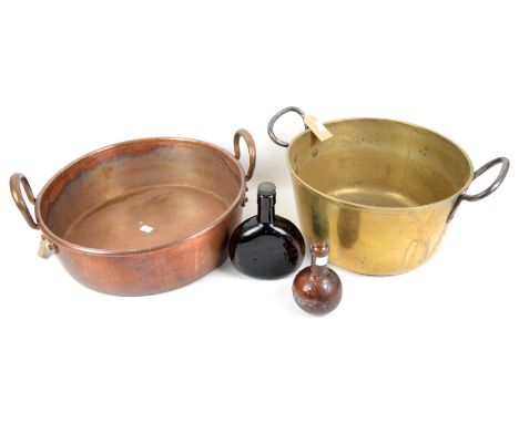 Copper preserving pan  stamped A&N dia. 40cm and a brass preserving pan dia. 33.5cm, vintage Chateau de Conde bottle, and a B