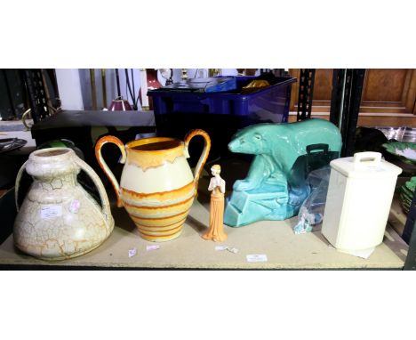 Four Piece Carlton Ware Bridge Set, two Art Deco vases, blue ceramic polar bear (damaged with pieces) two storage jars, figur