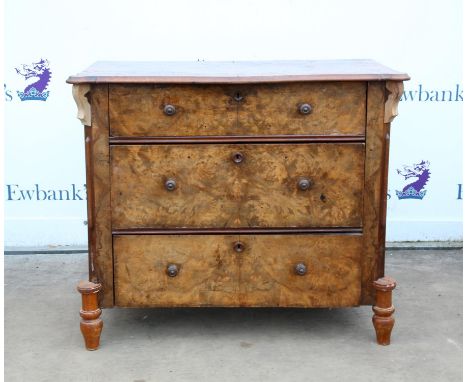 French burr walnut commode, the shaped top over three graduated drawers on later turned feet, H83 W98 D48 cm