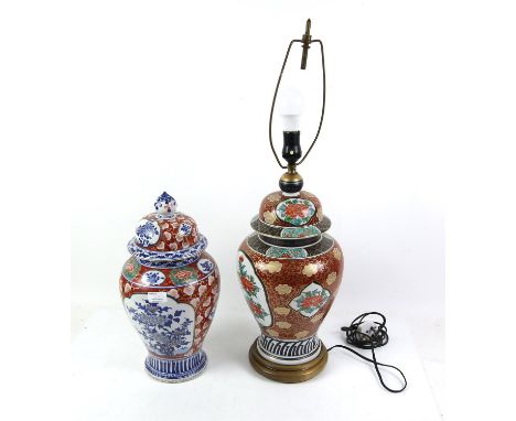 Two Japanese Imari Vases and Cover, one mounted in lamp (44cm tall for the vase only) and with lampshade, the second one vase