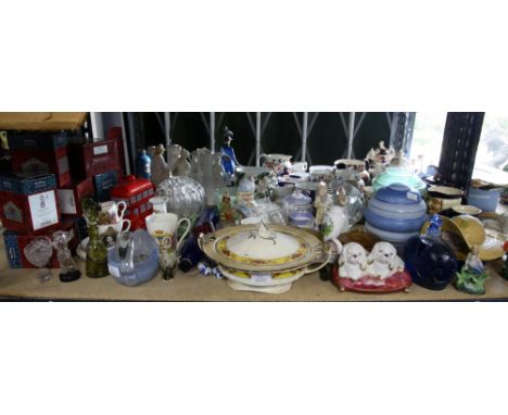 Various ceramics, including commemorative mugs, light shades, blue glass rolling pin, Walt Disney Showcase seven dwarfs tree 
