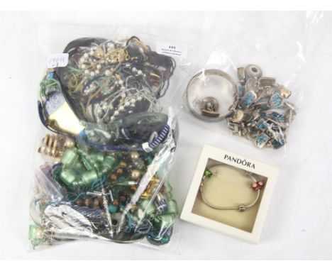 Selection of silver jewellery, including an enamel necklace with matching bracelet and earrings, a bangle, drop earrings, cuf