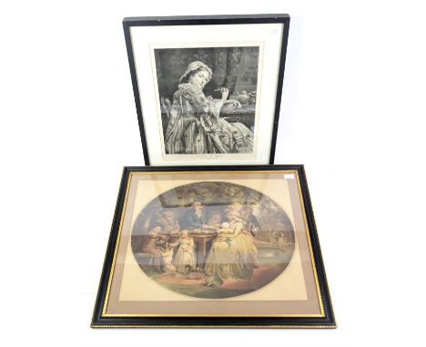 Print after G. Morland, 'A Tea Garden', framed and glazed, frame size 62 x 72cm; with print after C. E. Perugini, 'A Cup of T