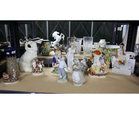 Various Staffordshire flatback figures, including Tom King, 30 cm high, Lladro and Nao figures, and a Royal Doulton Stoneware