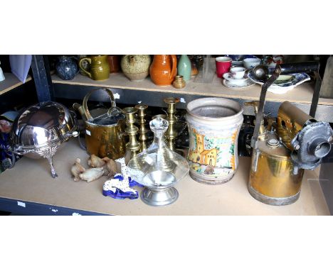 Three piece silver plated tea service, other plated wares, four brass candlesticks, other brass ware, a pair of Staffordshire