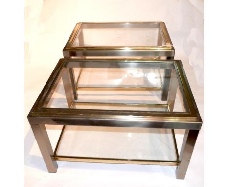 A pair of 1970s Willy Rizzo style chrome and brass side tables, with brass stretchered supports, one with undertier glass she