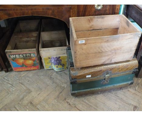 An ornately decorated tin trunk and collection of tea chests, tea chest and crates (some decorated)