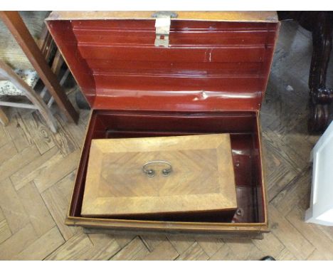 A tin trunk and a vintage cased Frister & Rossman's sewing machine