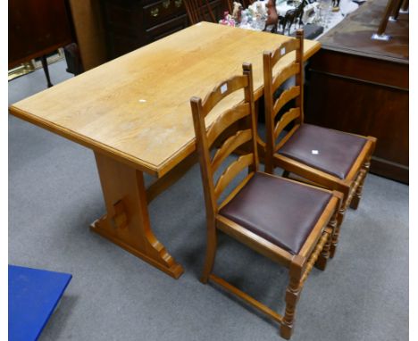 Solid pine refractory dinning table with 2 similar ladder back dining chair (3) 