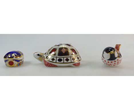 Royal Crown Derby paperweights Tortoise (ceramic stopper), Coal Tit and Millennium Bug, all with gold stoppers (3)