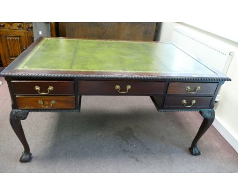 Reproduction mahogany Chippendale style partners writing desk with green leather panel top (104cm x 156cm)  