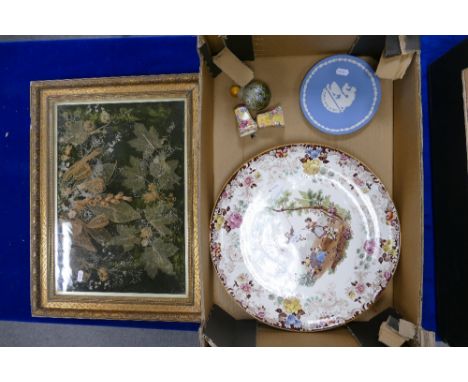 Two large circular wall plaques depicting children playing and landscape, Wedgwood cruet set, display of dried flowers, scent