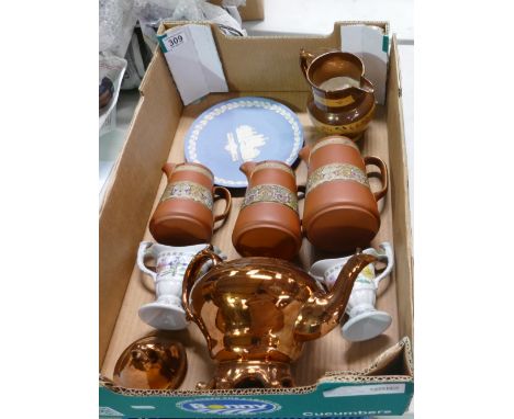 A mixed collection of ceramic items to include - 19th century Art Nouveau decorated water jugs (missing lids) impressed AL to