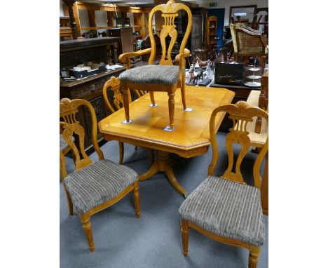 Quality reproduction light walnut x banded Queen Anne style extending 2 leaf dining table, sat on 2 pedestals with 6 matching