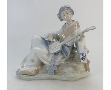 Nao large porcelain figure of a geisha lady seated playing a mandalin, height 30, length 28cm