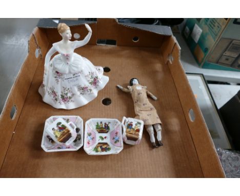 Royal Doulton figure Shirley HN2702, small pottery dolly and pair coffee cans and saucers (6)