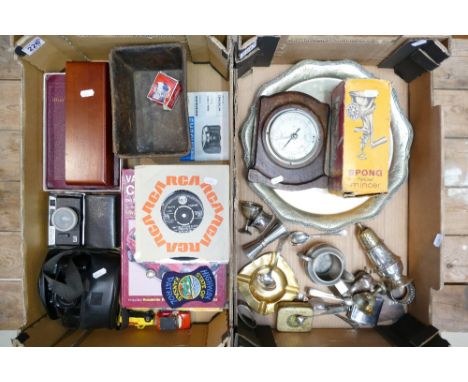 A mixed collection of items to include silver plated, barometer, Spong mincer, 7" pop and reggae singles, cameras etc (2 tray
