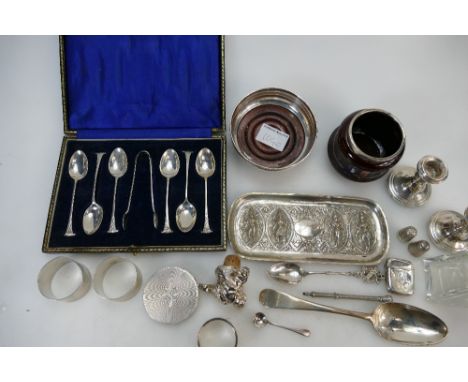 Group of hall marked silver items including 18th century spoon, bull head bottle stop, cased set of six spoons and nips, vest