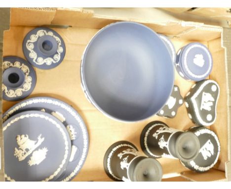 A good collection of Wedgwood jasperware including dark blue footed bowl, plates, candlesticks, black jasperware vases , trin