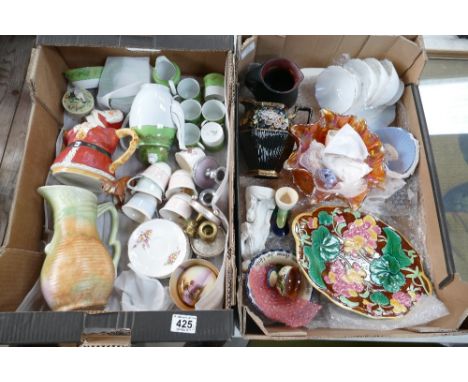 A mixed collection of items to include continental coffee set carnival glass item, ceramic figurers and majolica dish (2)
