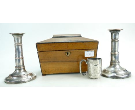 Victorian tea caddy, 19th c silver plated on copper telescopic candlesticks, and silver christening mug (a/f)