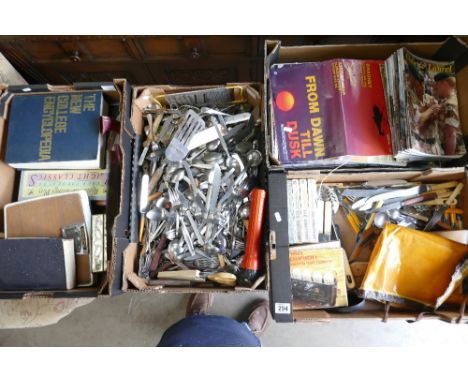 A large collection of mixed items including cutlery sets, Army related magazines, dictionaries etc. Four trays.