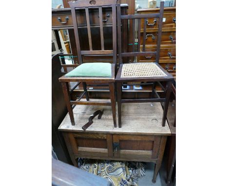 A 20th Century light oak side unit with 2 doors (spilt to top), along with 2 mahogany hall chair one with woven cane seat (3)