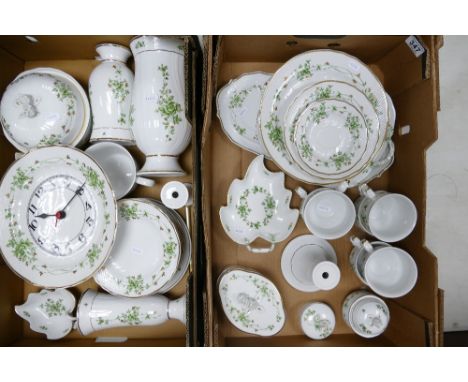 A collection of green and white floral decorated dinner and ornamental ceramic items(2 trays)