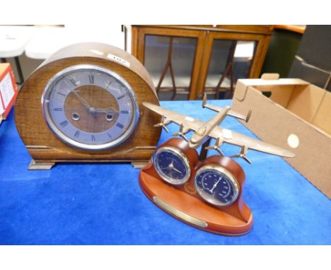 Oak 1930s mantle clock and a replica 70th Anniversary Avro Lancaster plane clock & barometer (2)