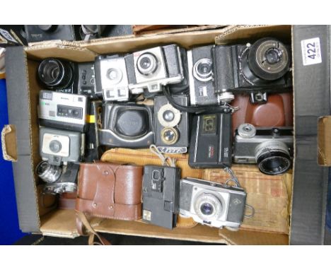 A large collection of vintage film cameras and accessories to include Zenit, Kodak, Lubitel, Ricoh etc