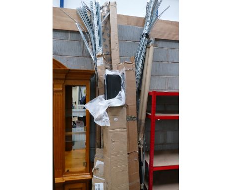 A large selection of lengthy items to include galvanised plaster skirting, metal beams, plastic tubes, flag poles, bed slats 
