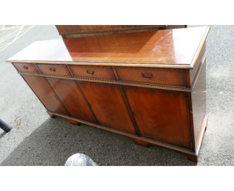 Reproduction mahogany and walnut x banded and inlaid, 4 over 4 sideboard on bracket feet