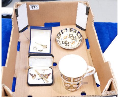 Royal Crown Derby Imari patterned mug, dish and similar Tiggs of Mayfair cufflink set and mother of pearl similar item (4)