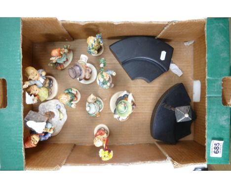 A collection of Geobel Hummel figures comprising Lucky Friends, Girl on fence, Parlor pal, waving off, The benevolent bird fe