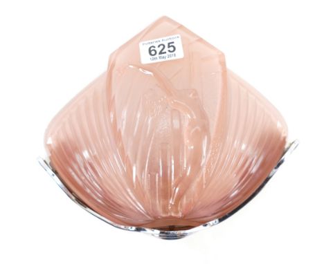 An original Art Deco chrome wall lamp with pink glass shade moulded with a Deco Lady
