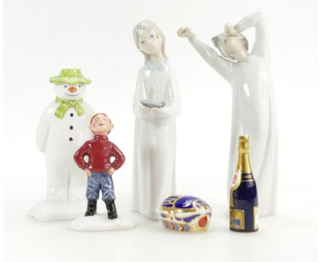 Royal Doulton Snowman figures James Builds a Snowman, Nao figures of boys in pyjamasand Royal Crown Derby millennium bug and 