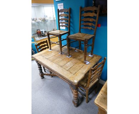 20th Century barley twist dining table with 4 rush seated ladder back dining chairs (5) 