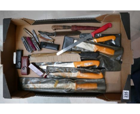 A collection of catering and pocket knifes together with leather man type tools ( 1 tray)