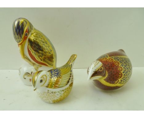 THREE ROYAL CROWN DERBY BONE CHINA PAPERWEIGHTS, "Kingfisher", 12cm high, "Coot", 6cm high and "Firecrest" 5cm high (original