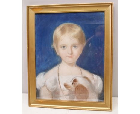 19TH CENTURY BRITISH SCHOOL Portrait of a Girl with her Dog, Pastel drawing, 43cm x 34cm, in gilt glazed frame (see heraldic 