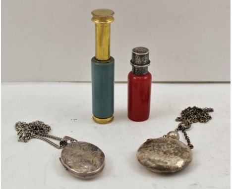 A BAG CONTAINING TWO HALLMARKED SILVER FOB NECKLACES one being a flask, together with A GLASS BASED PERFUME BOTTLE and A FREN