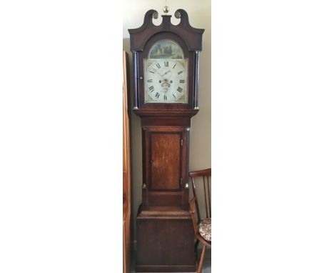 A 19TH CENTURY LONGCASE CLOCK by George Kiddle of Sherborne, a mahogany crossbanded oak case, the hood with swan neck pedimen